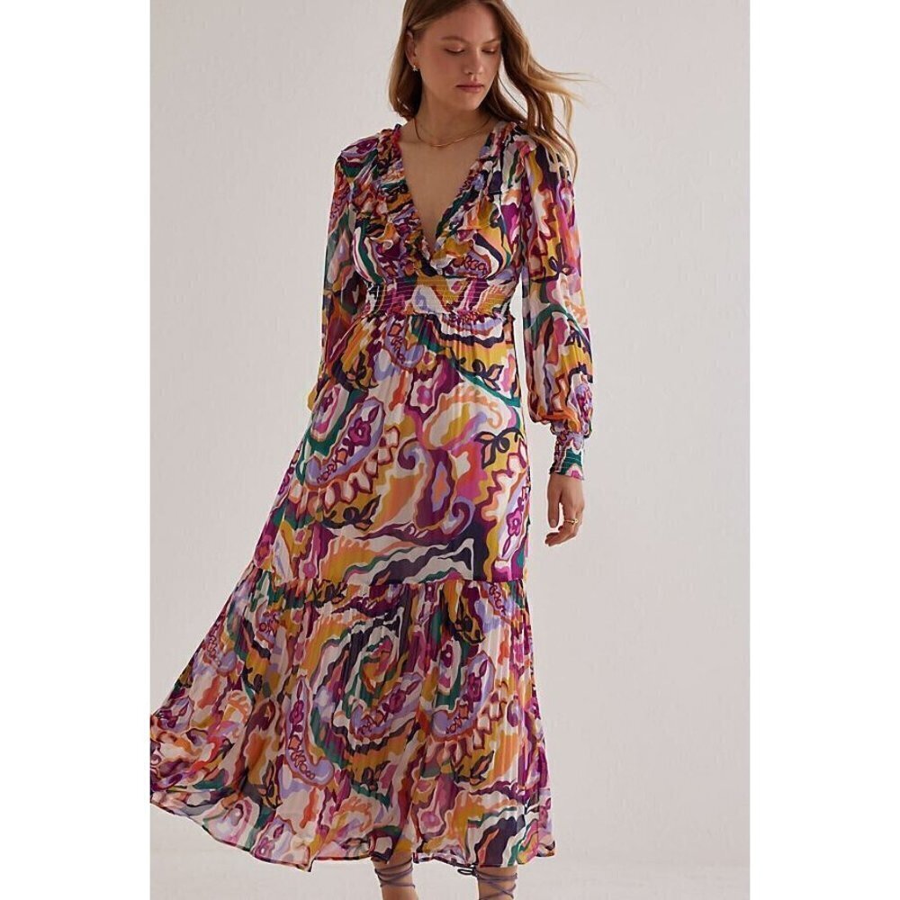 NWT Anthropologie The Odetta Ruffled Maxi Dress XXS V-Neck $198 Long Sleeve